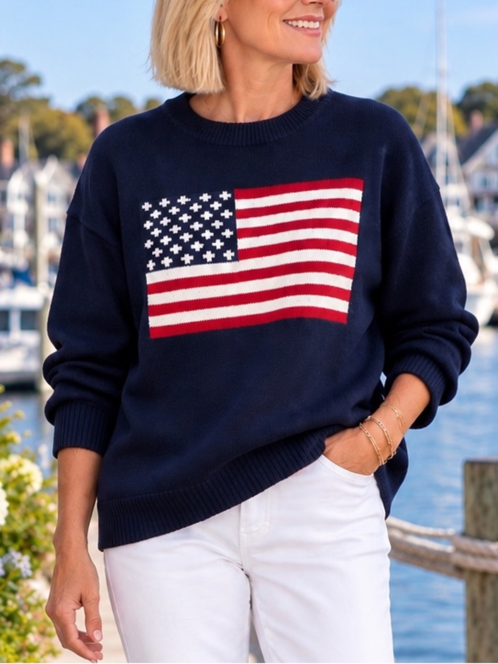 CeCe XL American Flag Sweater Navy 100% Cotton Oversized Patriotic